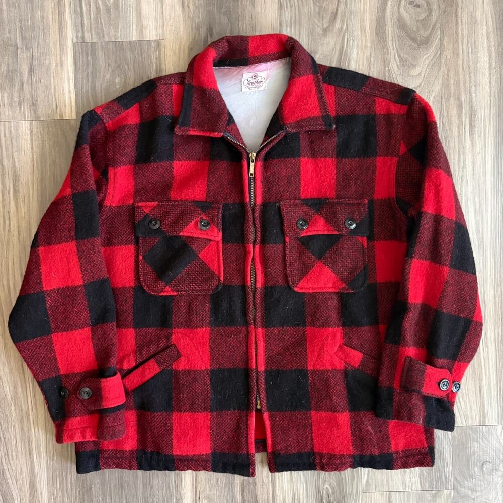 Vintage 1950s 5 Brother Buffalo Plaid Jacket Union Made Men's Size L Red Wool